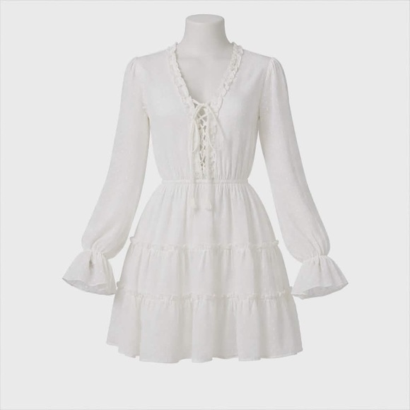 VENUS Dresses & Skirts - NWOT Sz Med. VENUS. White SwissDot Boho Mini Lace-up Dress w/sheer sleeves